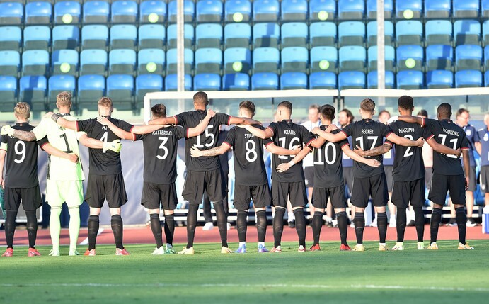 SERRAVALLE, ITALY - SEPTEMBER 02: Germany U21 walk out prior to the UEFA European Under-21 Championship Qualifier match between U21 San Marino and U21 Germany at Olimpico di Serravalle on September 2,